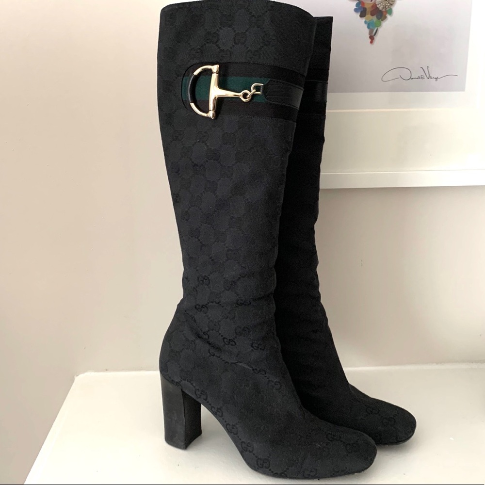 Vintage Gucci Canvas Boots with Gold Buckle